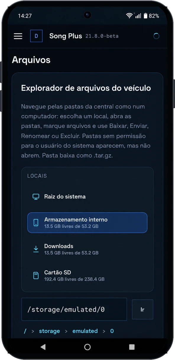Explorador de arquivos do veículo com armazenamento interno, downloads e cartão SD