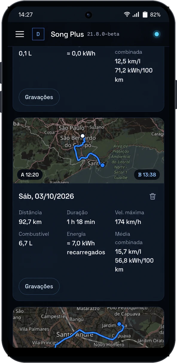 Histórico de viagens com o mapa do trajeto, distância, duração, combustível e energia