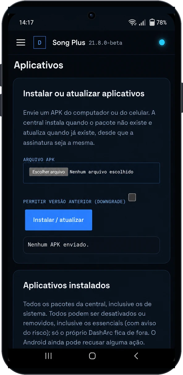 Tela para instalar ou atualizar aplicativos na central enviando um APK pelo celular