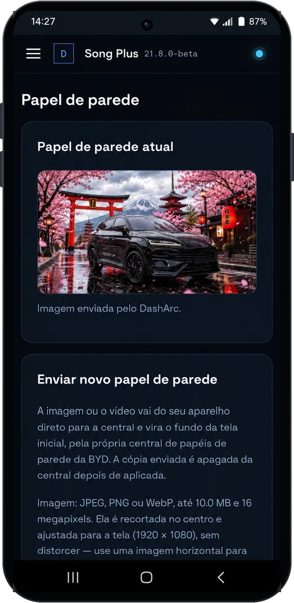 Tela de papel de parede com a imagem atual da central e o envio de uma nova